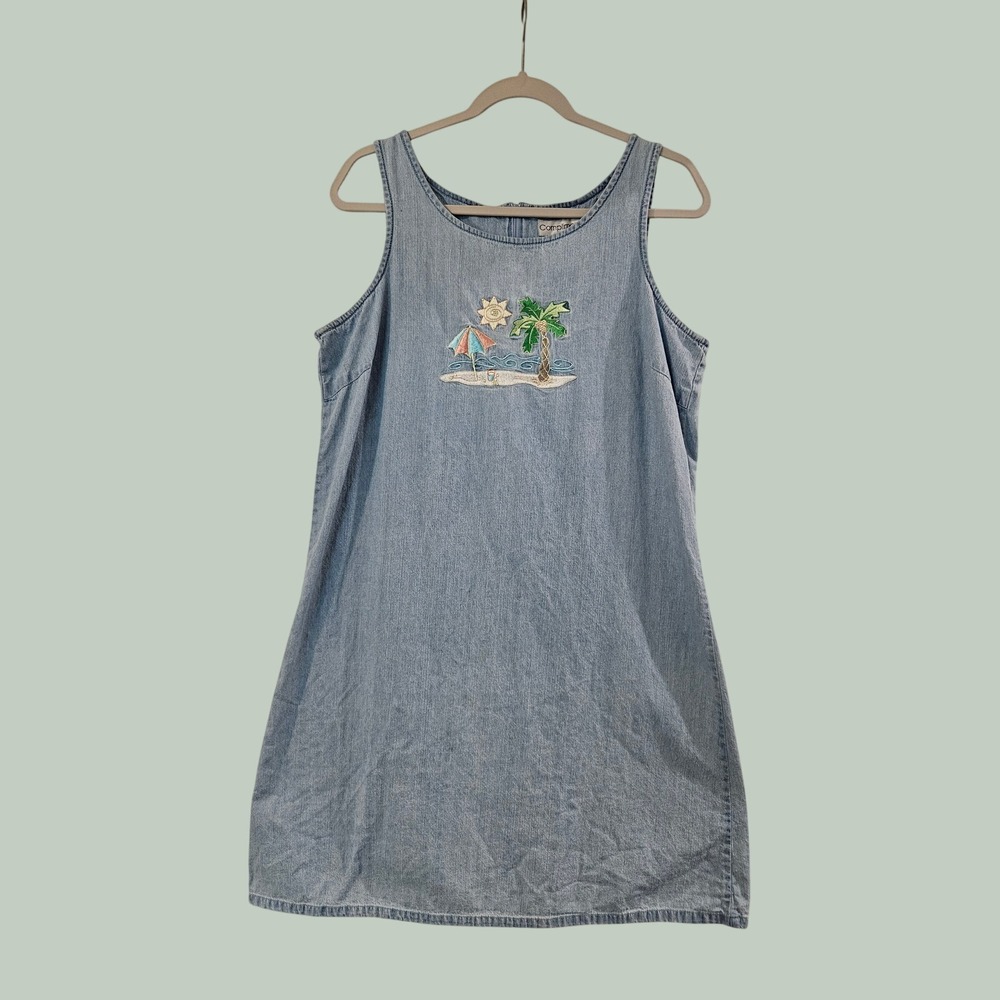 Compliments Womens Blue Denim Tropical Beach Embroidered‎ Shift Dress Size 14